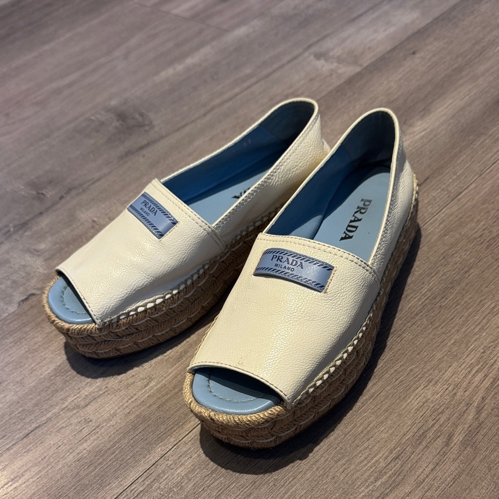 Prada Beige and Blue Open Toe Espadrille Women Platform Shoes